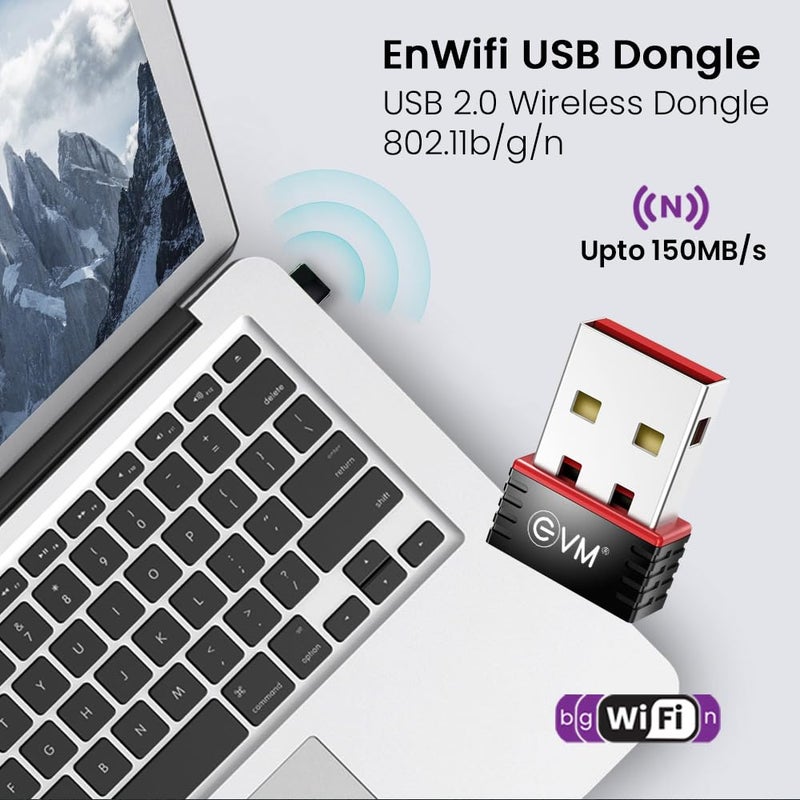 EVM محول واي فاي USB لاسلكي EnWifi - يصل إلى 150 ميجابت في الثانية، جهاز استقبال واي فاي للابتوب والكمبيوتر المكتبي، يأتي مع معايير تشفير الأمان المتقدمة WPA/WPA2 - ضمان لمدة سنة (-USBD-01) - Image 2