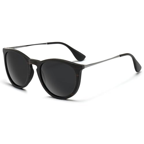 SUNGAIT Ebony Wood Sunglasses Polarized Vintage Round Sun Glasses for Women Men Classic Retro Trendy Style (Ebony/Grey Lens) - Image 1