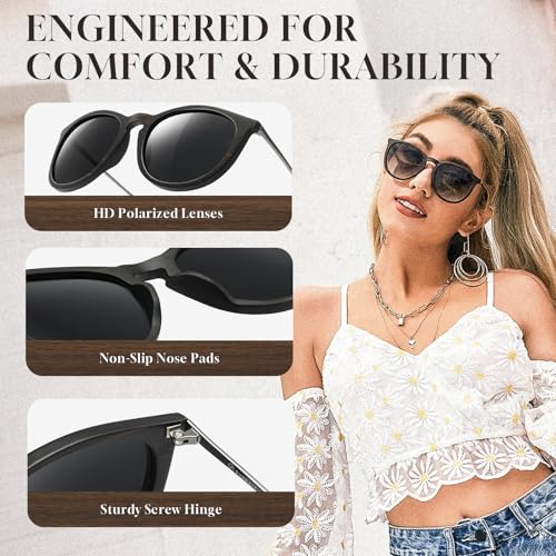 SUNGAIT Ebony Wood Sunglasses Polarized Vintage Round Sun Glasses for Women Men Classic Retro Trendy Style (Ebony/Grey Lens) - Image 4