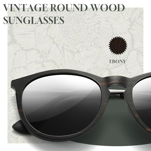 SUNGAIT Ebony Wood Sunglasses Polarized Vintage Round Sun Glasses for Women Men Classic Retro Trendy Style (Ebony/Grey Lens) - Image 2