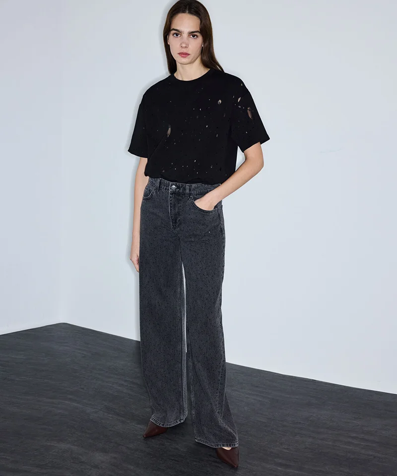 ابيكول Rhinestone Wide Leg Jeans