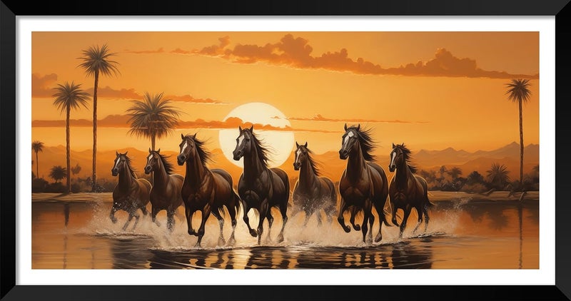 Canvas Pe لوحة فنية تجريدية للخيول الجارية على قماش بي 7 بركة شروق الشمس في إطار صورة مغلفة - Image 1