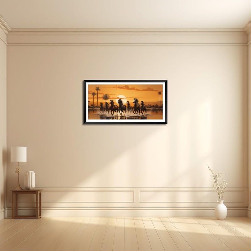 Canvas Pe لوحة فنية تجريدية للخيول الجارية على قماش بي 7 بركة شروق الشمس في إطار صورة مغلفة - Image 2