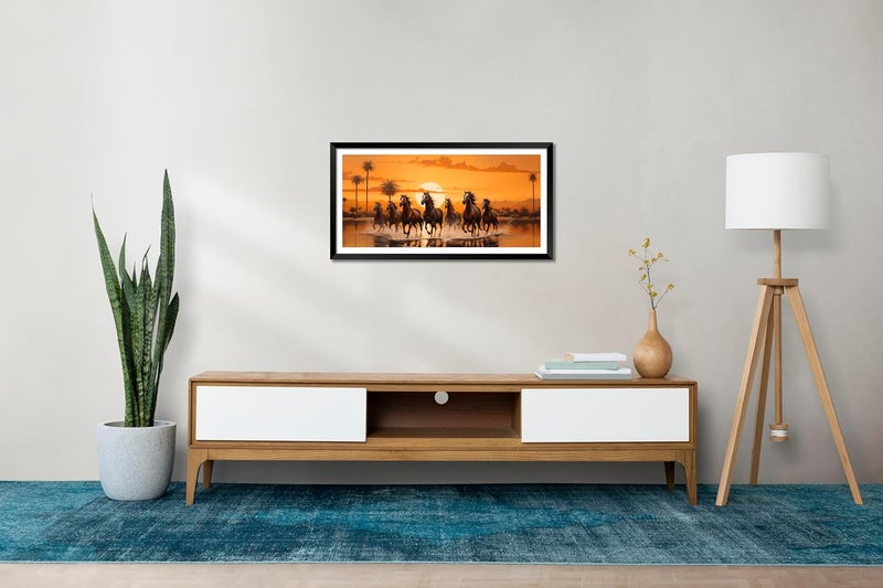 Canvas Pe لوحة فنية تجريدية للخيول الجارية على قماش بي 7 بركة شروق الشمس في إطار صورة مغلفة - Image 3
