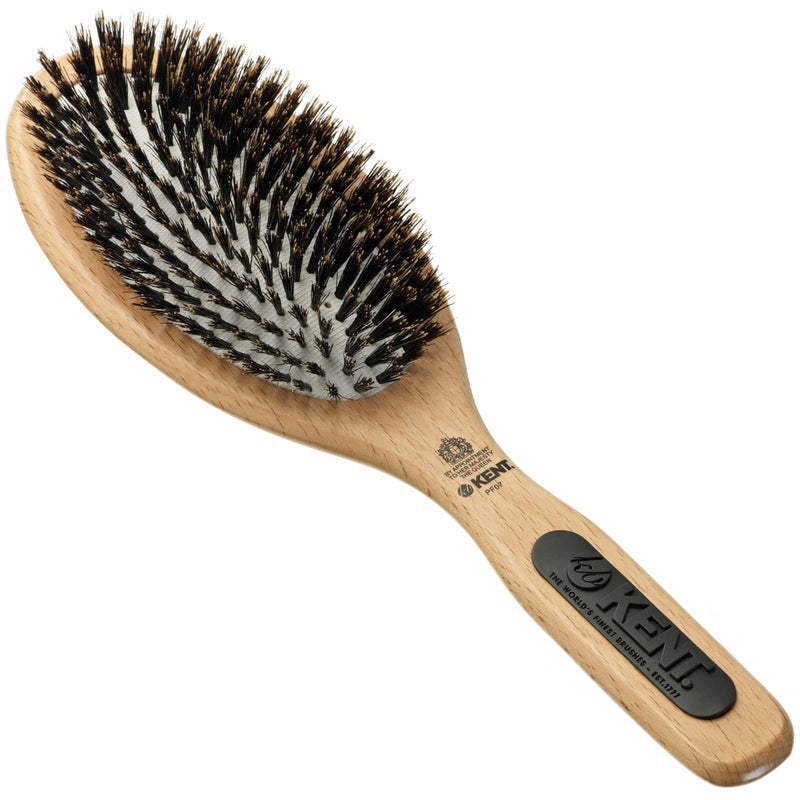 Kent PF07 Extra-Large 100% Boar Bristle and Non-Scratch Nylon Mix Cushion Brush - Wooden Detangling and Oval Smoothing Paddle Brush for Thin Hair - Made in England - Image 1