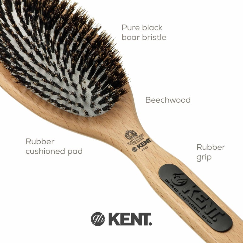 Kent PF07 Extra-Large 100% Boar Bristle and Non-Scratch Nylon Mix Cushion Brush - Wooden Detangling and Oval Smoothing Paddle Brush for Thin Hair - Made in England - Image 5