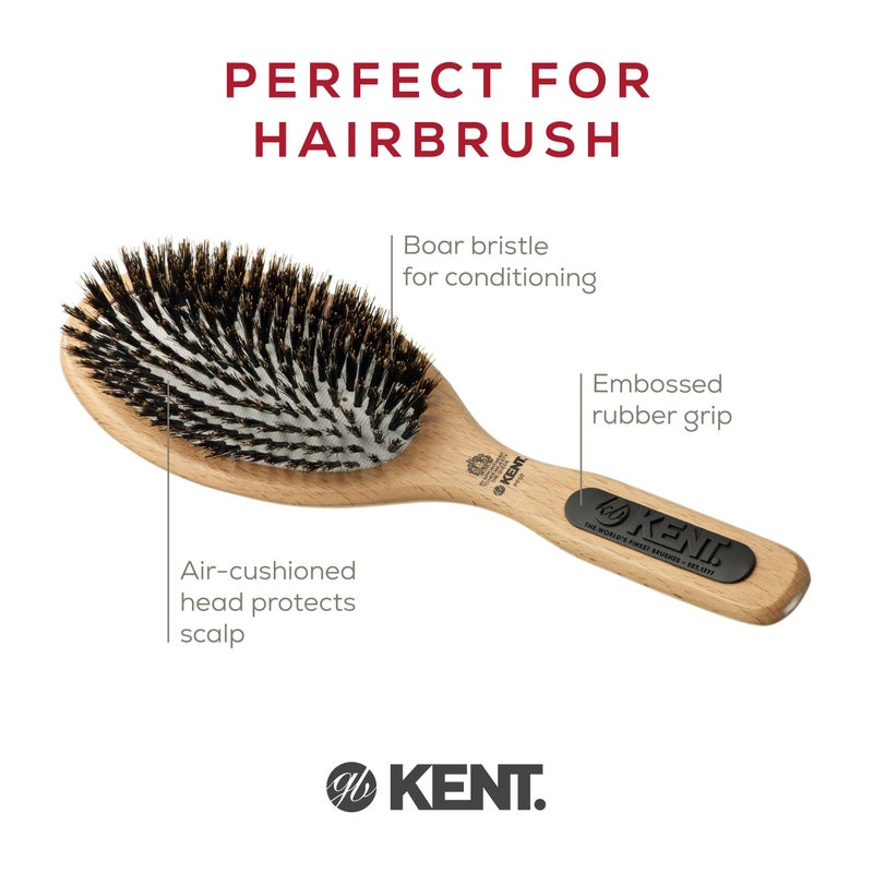 Kent PF07 Extra-Large 100% Boar Bristle and Non-Scratch Nylon Mix Cushion Brush - Wooden Detangling and Oval Smoothing Paddle Brush for Thin Hair - Made in England - Image 4