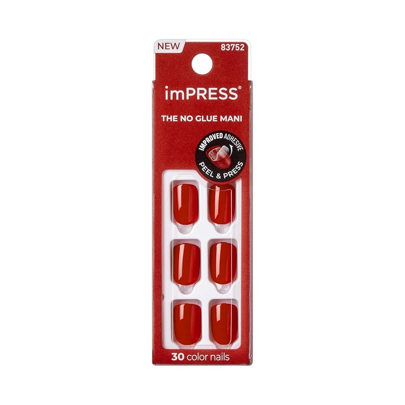 إمبريس طقم أظافر ضغطية imPRESS - ريدي أور نوت، 30 ظفرًا أحمر قابلًا للتقشير واللصق، قصيرة جدًا بشكل سكووفال، لمسة نهائية لامعة كالجل، تقنية PureFit، يشمل وسادة تحضير وعصا مانيكير ومبرد صغير - Image 1