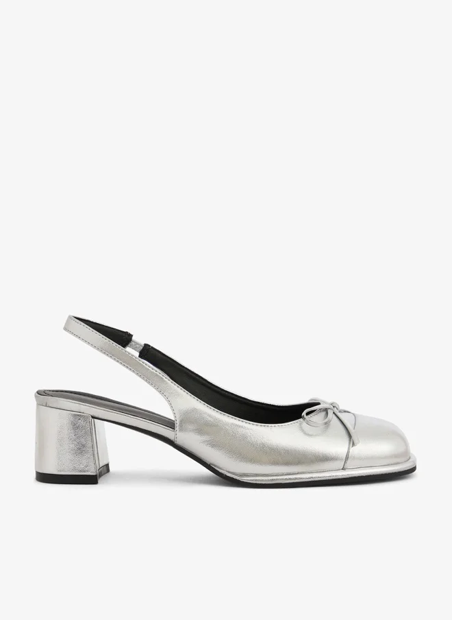 ELLA Silver Metallic Ballet Mid Block Heel Sling Back