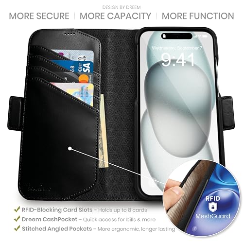 Dreem Wallet Case for iPhone 15 Revolutionary VertHor Phone Stand Magnetic Detachable Vegan Leather Flip Cover RFID Blocking Card Holder MagSafeFit Gift Box Fibonacci Black - Image 3