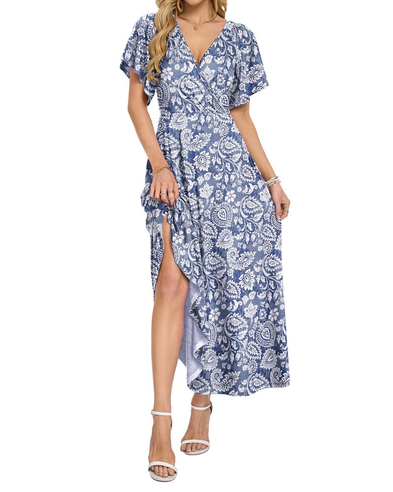AUSELILY Maxi Dresses Women 2026 Summer Long Flowy Wrap Dress Ruffle Sleeve Deep V Neck Floral Beach Dress with Pockets Boho Leaf Floral M - Image 2