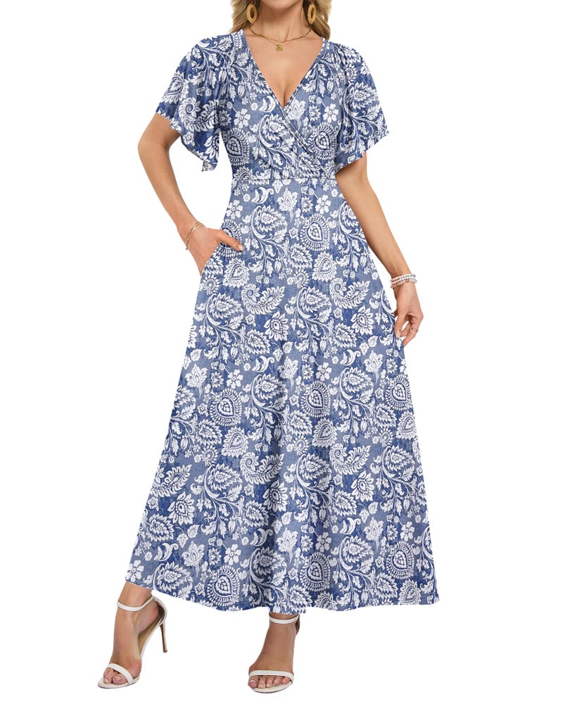 AUSELILY Maxi Dresses Women 2026 Summer Long Flowy Wrap Dress Ruffle Sleeve Deep V Neck Floral Beach Dress with Pockets Boho Leaf Floral M - Image 1