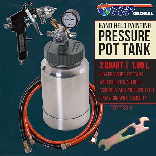 TCP Global 2 Quart Heavy Duty Steel Pressure Pot Paint Tank with Screw on Lid, Regulator, Pressure Gauge, Spray Gun & Hoses for Casting, Painting & Autobody Work Medium Volume - Image 2