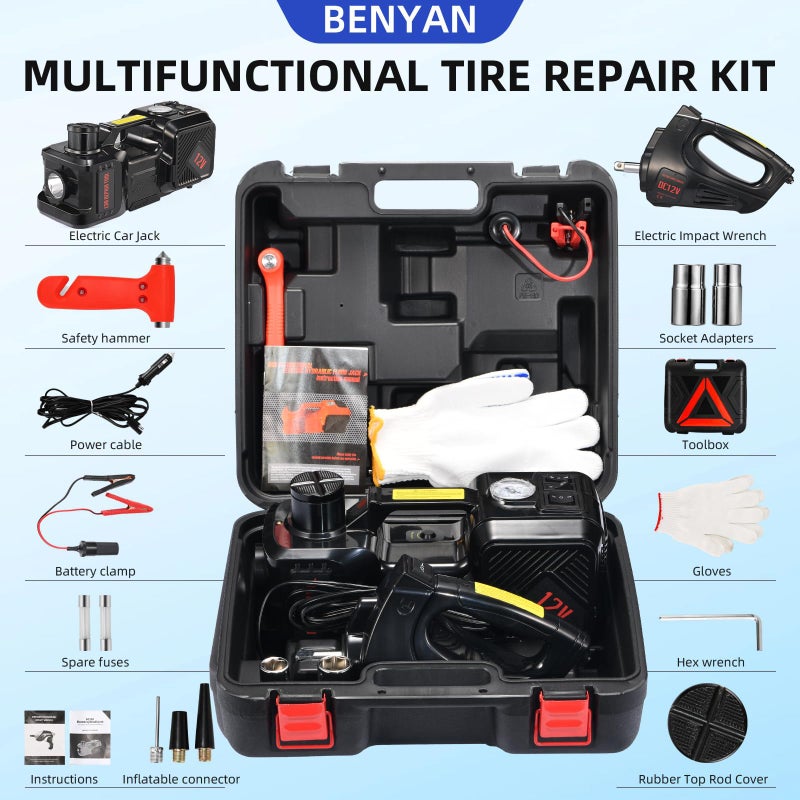 BENYAN Electric Car Jack kit 5 Ton 12V Electric Floor Jack Lift for Vehicle, Electric Hydraulic Jack Auto Repair Tool Set with Built-in Inflator and Impact Wrench for SUV Sedan Truck Tire Change - Image 2