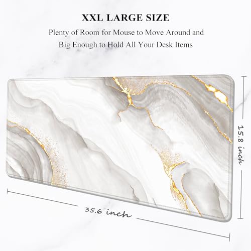 Auhoahsil Large Mouse Pad, XXL Gaming Mousepad, Desk Mat for Desktop, Thick Rubber, Big & Long Size, Stitched Edges, Full Desk Pad for Laptop & Computer, Extended 35.4 x 15.7 in, Gold Gray Marble - Image 2