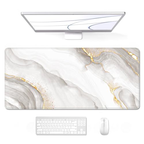 Auhoahsil Large Mouse Pad, XXL Gaming Mousepad, Desk Mat for Desktop, Thick Rubber, Big & Long Size, Stitched Edges, Full Desk Pad for Laptop & Computer, Extended 35.4 x 15.7 in, Gold Gray Marble - Image 1