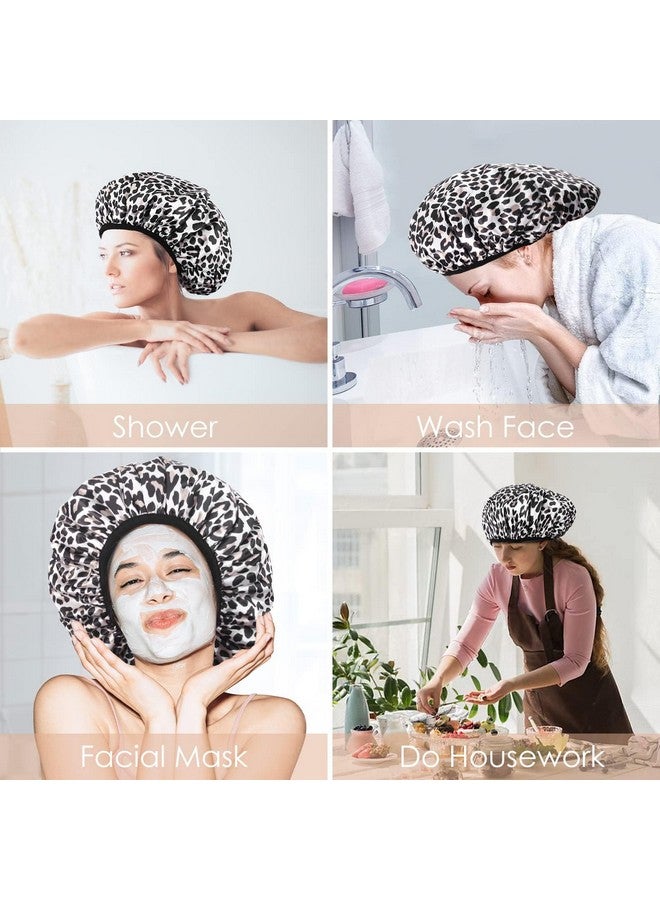 Aquior Shower Cap,Extra Large Triple Layer Bathing Cap With Dry Hair Function For Women Microfiber Terry Cloth Silky Satin 100%% Waterproof Reusable Long Hair Bath Caps (Leopard) - Image 3