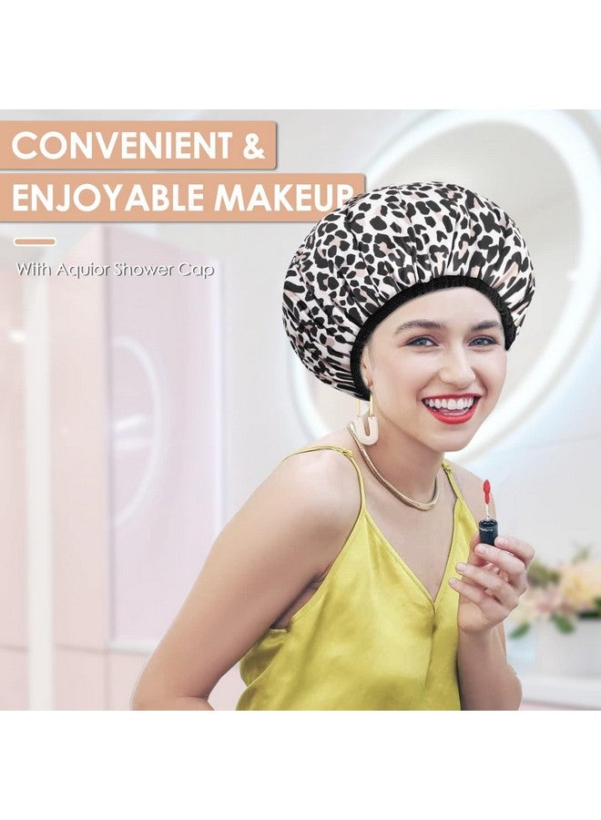 Aquior Shower Cap,Extra Large Triple Layer Bathing Cap With Dry Hair Function For Women Microfiber Terry Cloth Silky Satin 100%% Waterproof Reusable Long Hair Bath Caps (Leopard) - Image 4