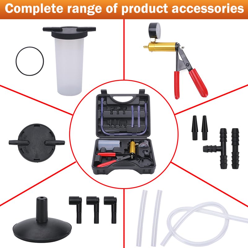 ZJERYL GULL 2 in 1 Brake Bleeder Kit with Hand Vacuum Pump with Gauge Adapters Automotive Brake Fluid Bleeding Set with Protected Case for Car Truck （Black） - Image 3