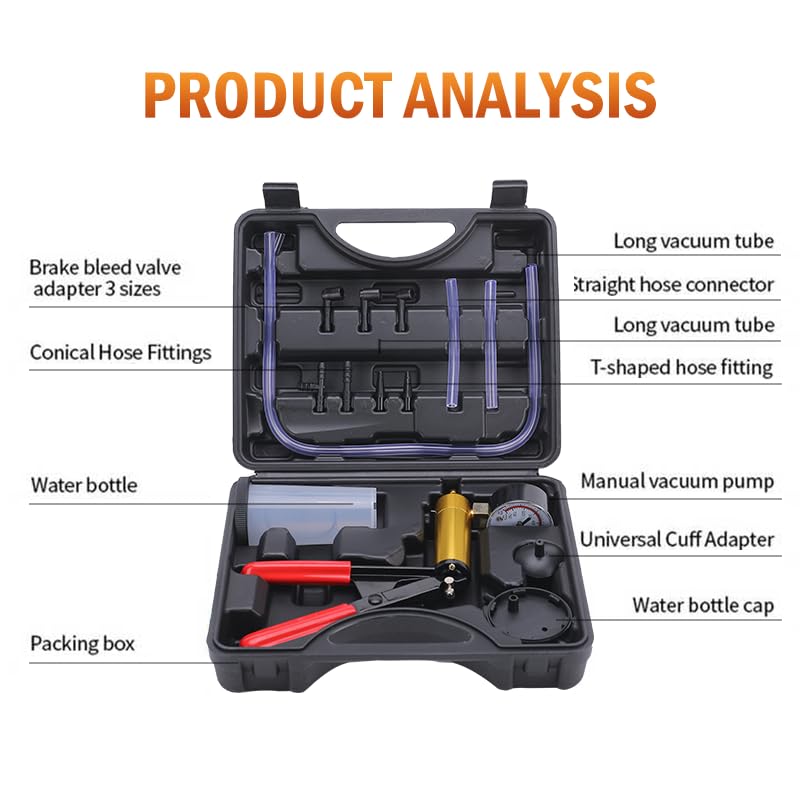ZJERYL GULL 2 in 1 Brake Bleeder Kit with Hand Vacuum Pump with Gauge Adapters Automotive Brake Fluid Bleeding Set with Protected Case for Car Truck （Black） - Image 4