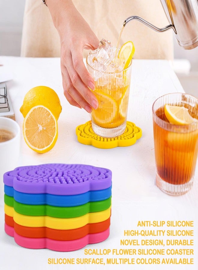 Kuabiz Set of 6 Colorful Silicone Coasters for Drinks Absorbent 4.3 Inch Scalloped Rainbow Coaster Rubber Flower Shaped Deep Tray Pot Holder Trivet for Kids Mugs Cups Bottles Coffee Table Desk - Image 5