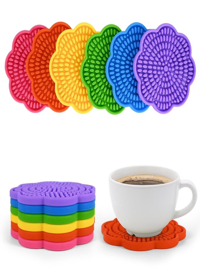 Kuabiz Set of 6 Colorful Silicone Coasters for Drinks Absorbent 4.3 Inch Scalloped Rainbow Coaster Rubber Flower Shaped Deep Tray Pot Holder Trivet for Kids Mugs Cups Bottles Coffee Table Desk - Image 1