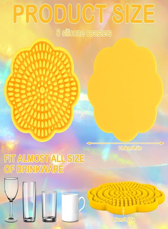 Kuabiz Set of 6 Colorful Silicone Coasters for Drinks Absorbent 4.3 Inch Scalloped Rainbow Coaster Rubber Flower Shaped Deep Tray Pot Holder Trivet for Kids Mugs Cups Bottles Coffee Table Desk - Image 2