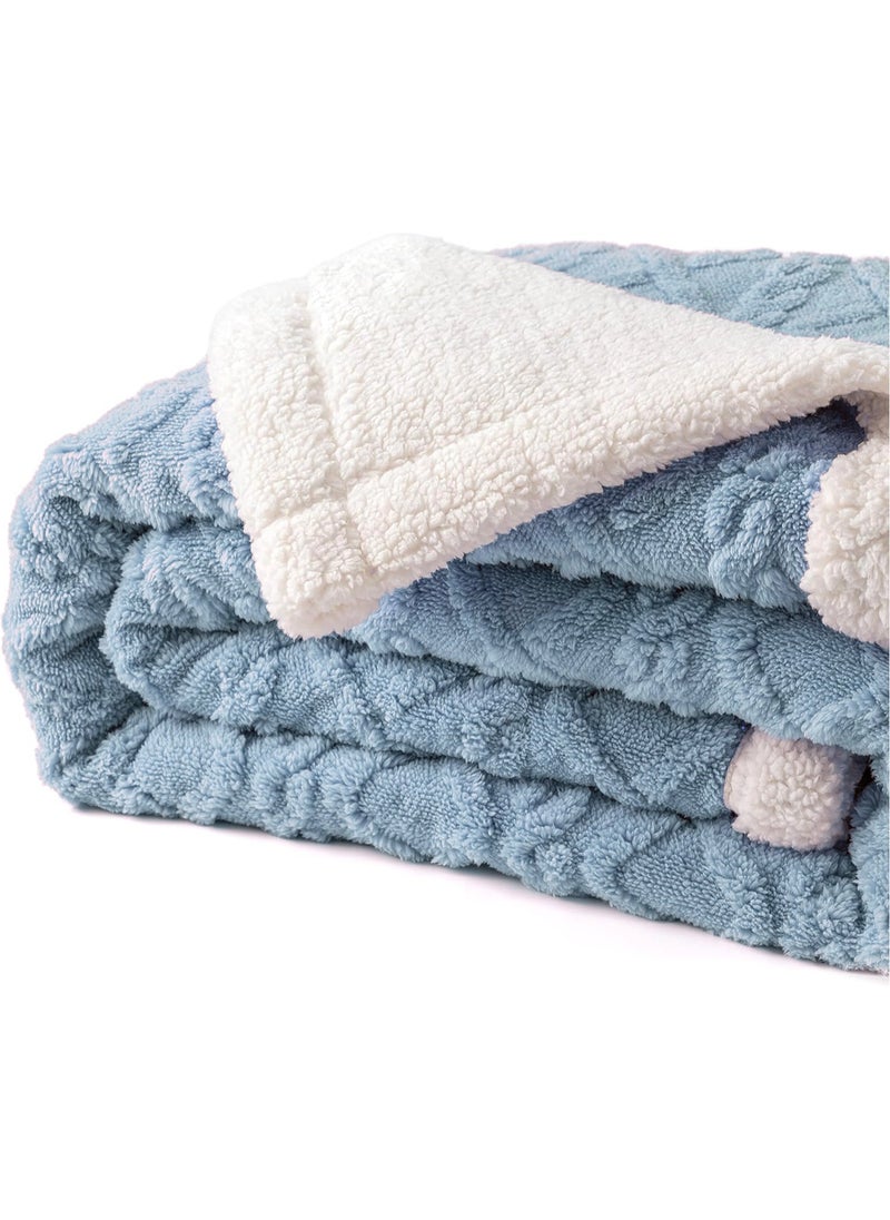 Fabienne - Jacquard Sherpa Blanket Single Size Faux Fur Bed Blanket 160x220cm Flannel Fleece Reversible Blanket Warm and Plush Throw Blanket Blue Grey - Image 1