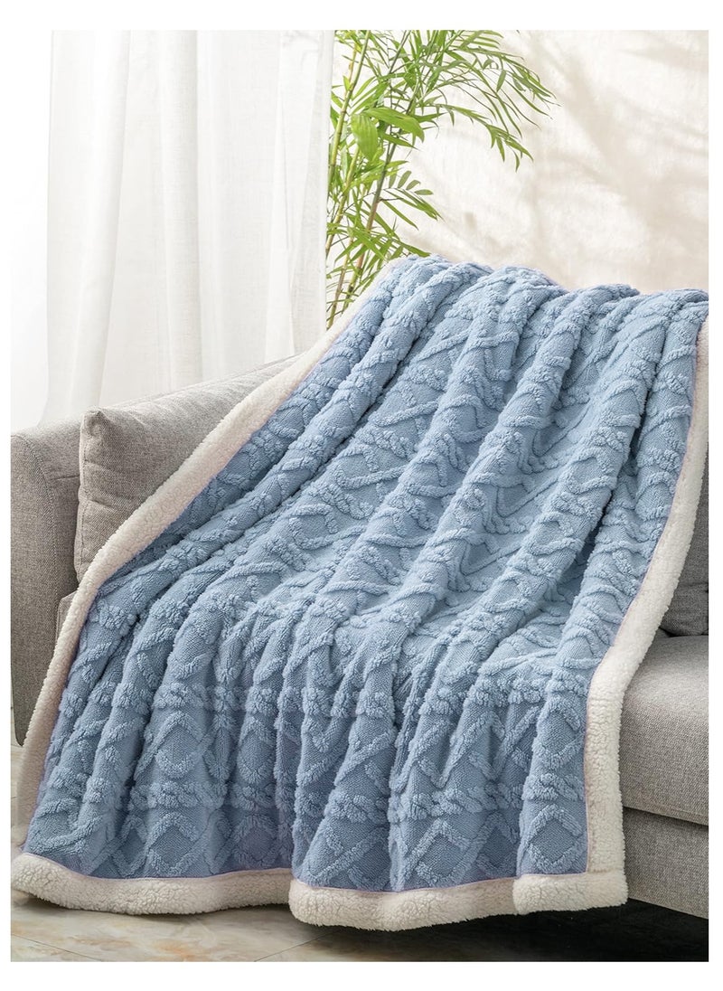 Fabienne - Jacquard Sherpa Blanket Single Size Faux Fur Bed Blanket 160x220cm Flannel Fleece Reversible Blanket Warm and Plush Throw Blanket Blue Grey - Image 1