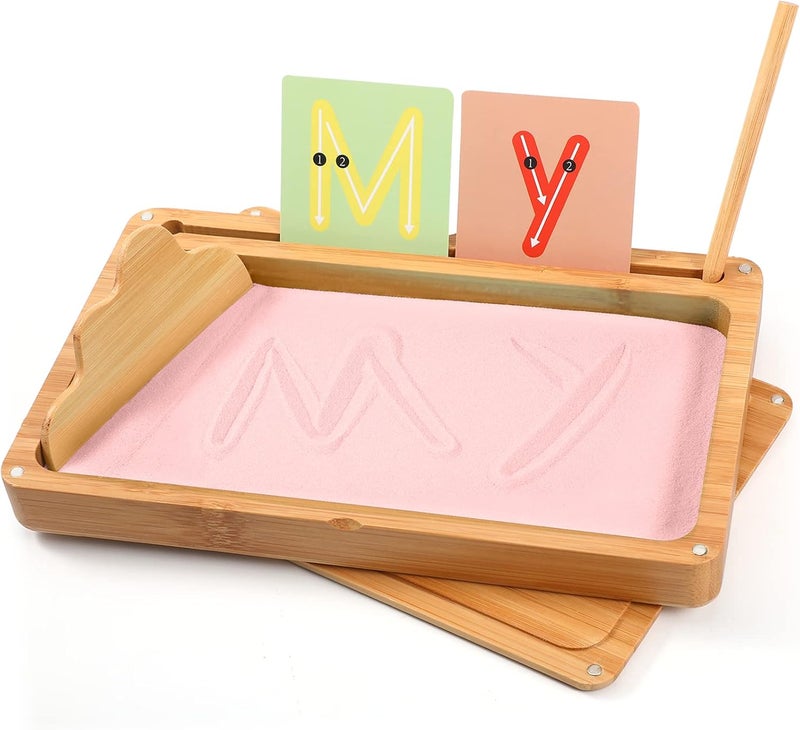 AtMini Pink Wooden Montessori Sand Tray with Lid - Classroom Sandbox for Kids Writing Letters and Numbers - Image 1
