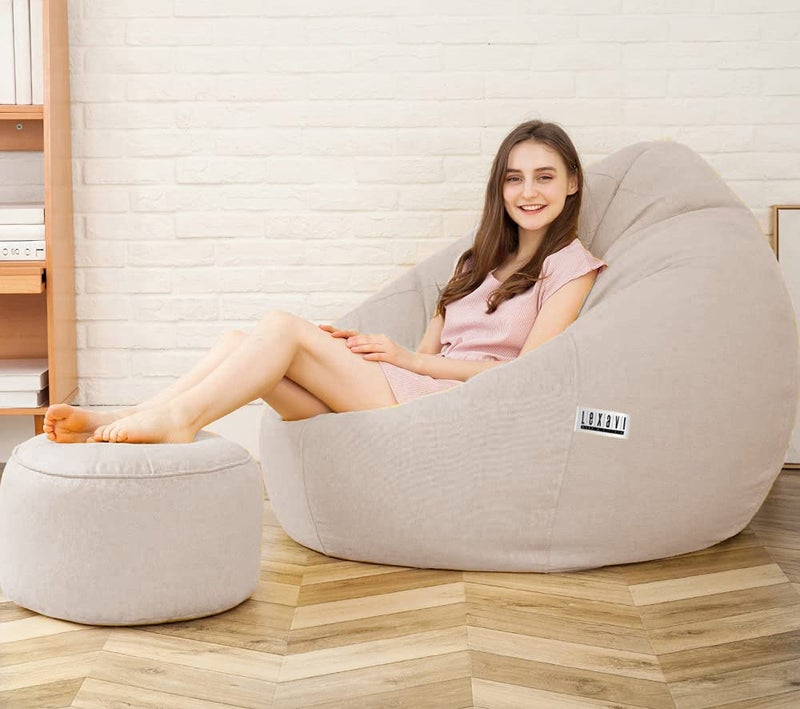 LEXAVIFaux Leather XXXL Beanbag with Footstool prefilled with High Density Original Quality Beans Beige