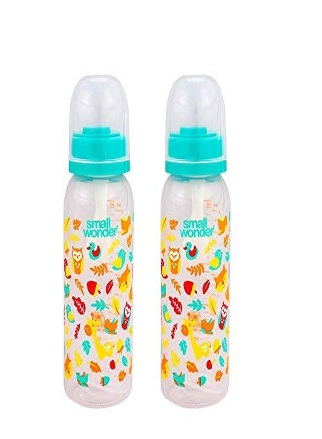 Small Wonder Baby Feeding Bottle Slim Neck Admire 250 ml Pack of 2, Animal Print, with Anti Colic Nipple with Feeding Spoon, New Born/Infants/Toddler Upto 3 Years, BPA Free, Green Colour - Image 1