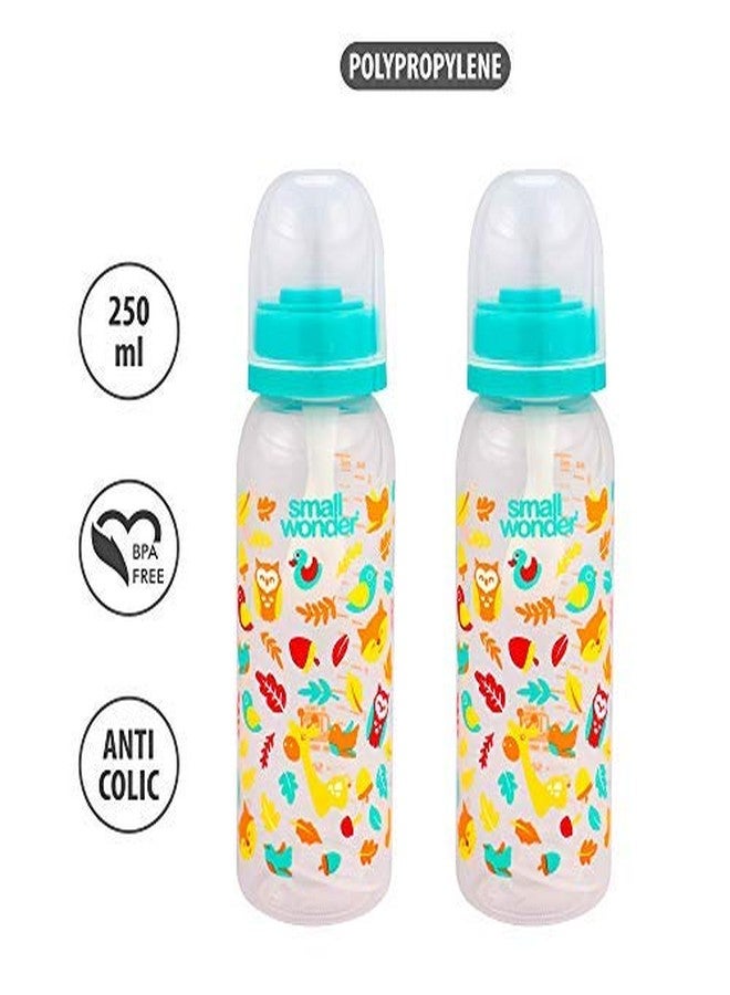 Small Wonder Baby Feeding Bottle Slim Neck Admire 250 ml Pack of 2, Animal Print, with Anti Colic Nipple with Feeding Spoon, New Born/Infants/Toddler Upto 3 Years, BPA Free, Green Colour - Image 2