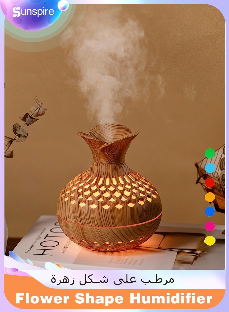 صن سباير مرطب صغير ملون ورائع، مرطب على شكل زهرة، مرطب شخصي USB للسيارة والمكتب وغرفة النوم وغيرها. وضعان للرذاذ، 7 ألوان، فائق الهدوء (خشب فاتح) - Image 1