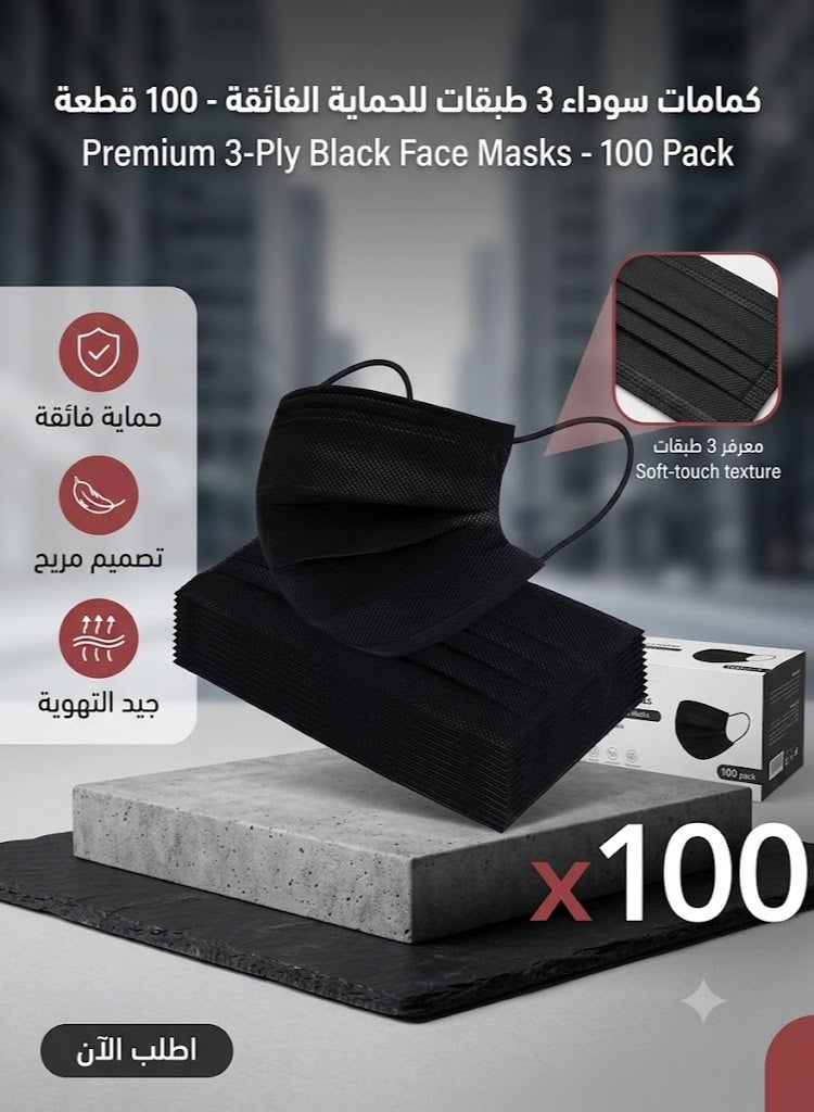 Black Disposable Face Masks – 2 Packs × 50 Masks (Total 100 Masks) – 3-Layer Protection with Comfortable Ear Loops - Image 3