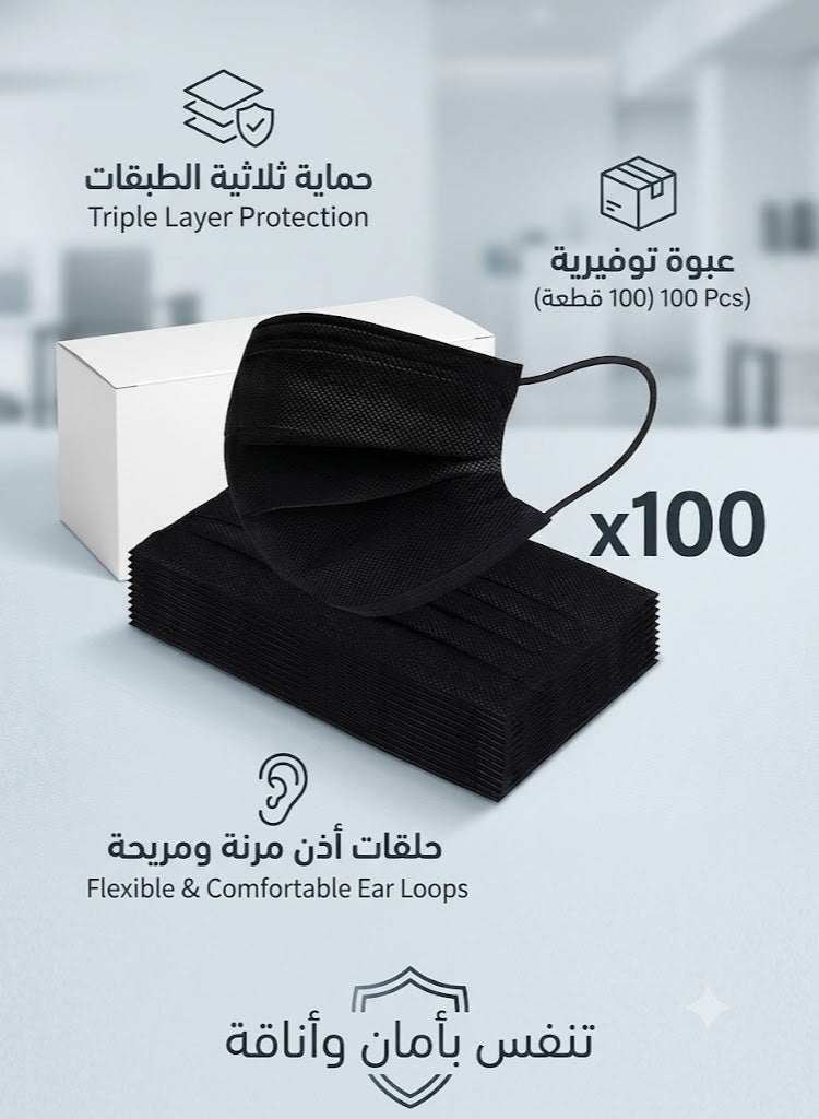 Black Disposable Face Masks – 2 Packs × 50 Masks (Total 100 Masks) – 3-Layer Protection with Comfortable Ear Loops - Image 4