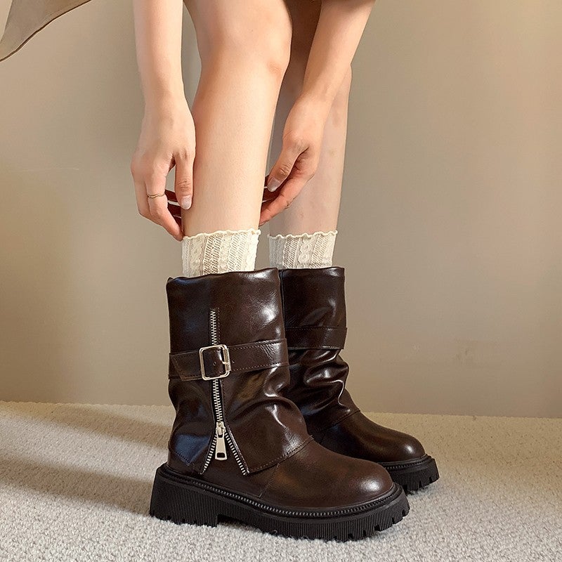 Women's Retro Mid-Calf Marten Boots with Folded Shaft - Image 1