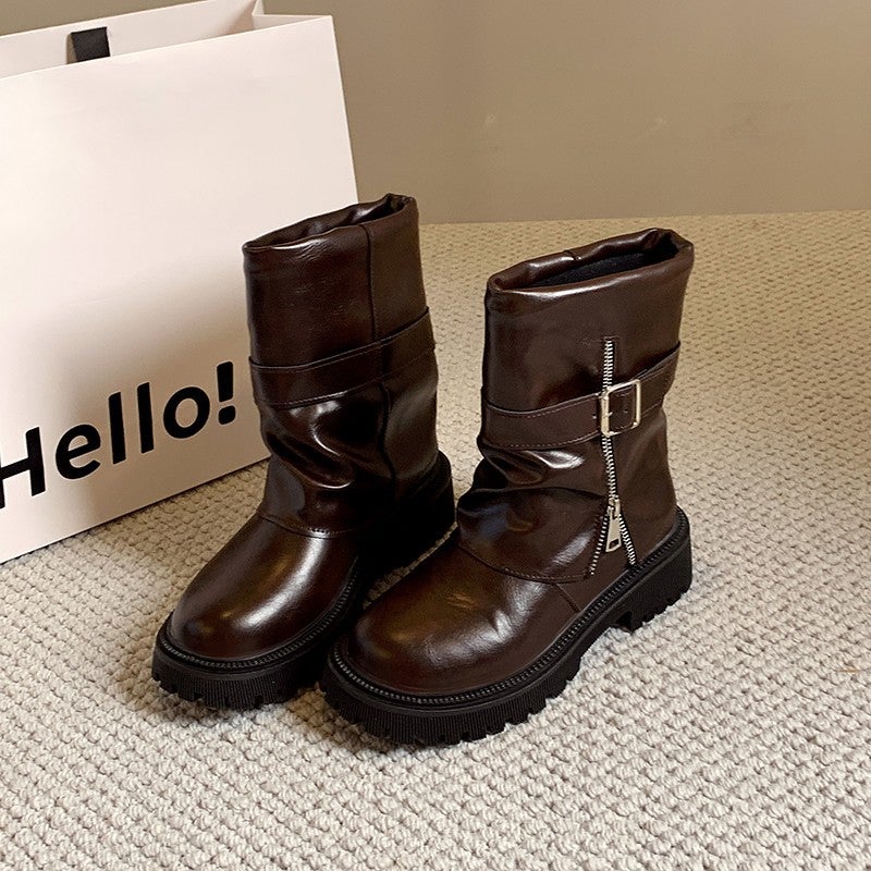 Women's Retro Mid-Calf Marten Boots with Folded Shaft - Image 4