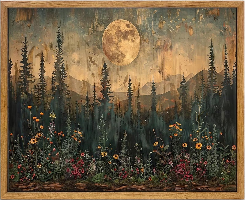 KBKBART Framed Canvas Wall Art Vintage Decor, Forest Moon Painting Prints, Nature Pine Tree Woodland Wall Decor, Dark Cottagecore Landscape Artwork for Living Room Bedroom 8x10 inch - Image 1