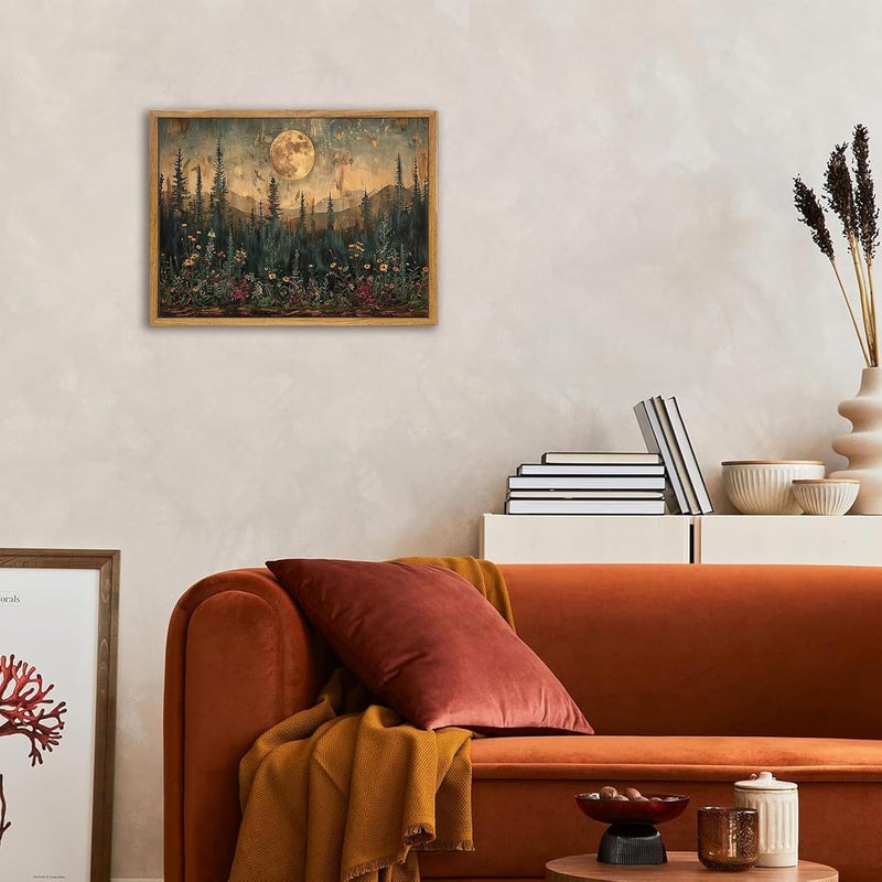 KBKBART Framed Canvas Wall Art Vintage Decor, Forest Moon Painting Prints, Nature Pine Tree Woodland Wall Decor, Dark Cottagecore Landscape Artwork for Living Room Bedroom 8x10 inch - Image 2
