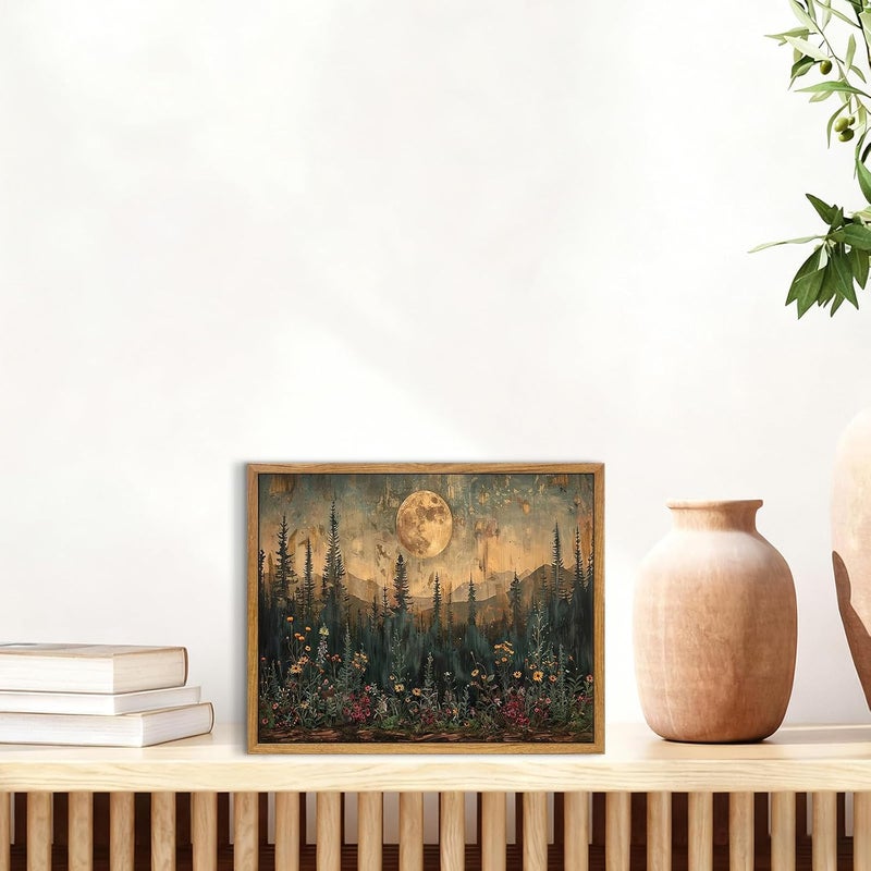 KBKBART Framed Canvas Wall Art Vintage Decor, Forest Moon Painting Prints, Nature Pine Tree Woodland Wall Decor, Dark Cottagecore Landscape Artwork for Living Room Bedroom 8x10 inch - Image 5