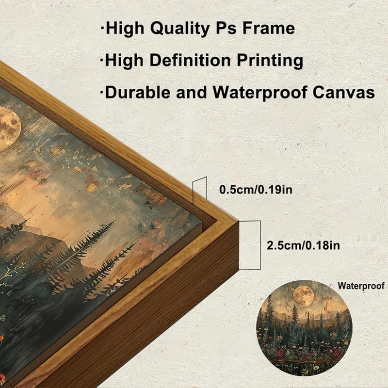 KBKBART Framed Canvas Wall Art Vintage Decor, Forest Moon Painting Prints, Nature Pine Tree Woodland Wall Decor, Dark Cottagecore Landscape Artwork for Living Room Bedroom 8x10 inch - Image 4