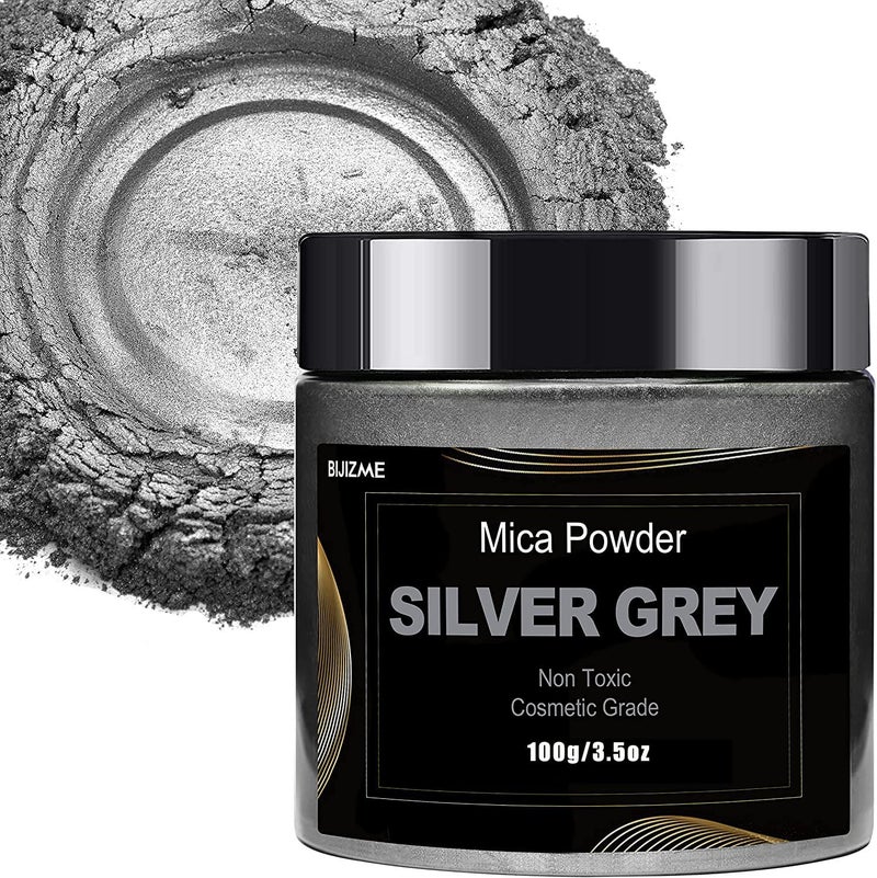 BIJIZME Silver Mica Powder Pigment 100g Cosmetic Grade Metallic Mica Powder for Epoxy Resin Lip Gloss SoapCandle MakingBath BombsTumblers Jewelry Dyes and DIY Crafting ProjectsSilver Grey 35oz