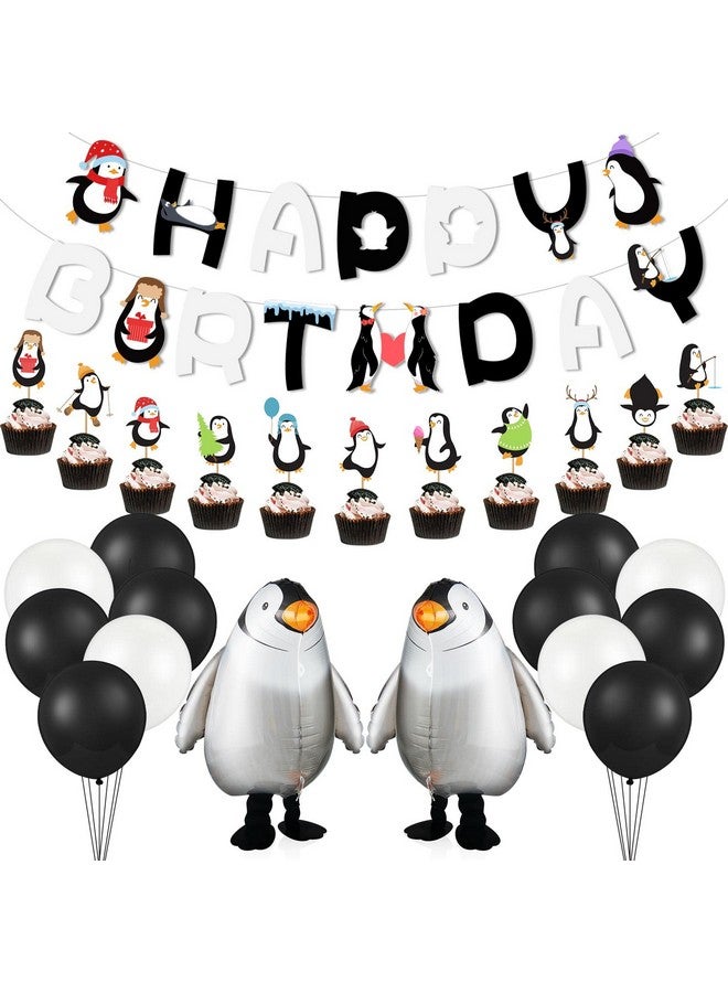 Aoriher 48 Piece Penguin Party Decorations - Happy Birthday Banner, Walking Penguin Balloons, Cake Toppers, Latex Balloons for Baby Shower or Winter Theme Celebrations - Image 1