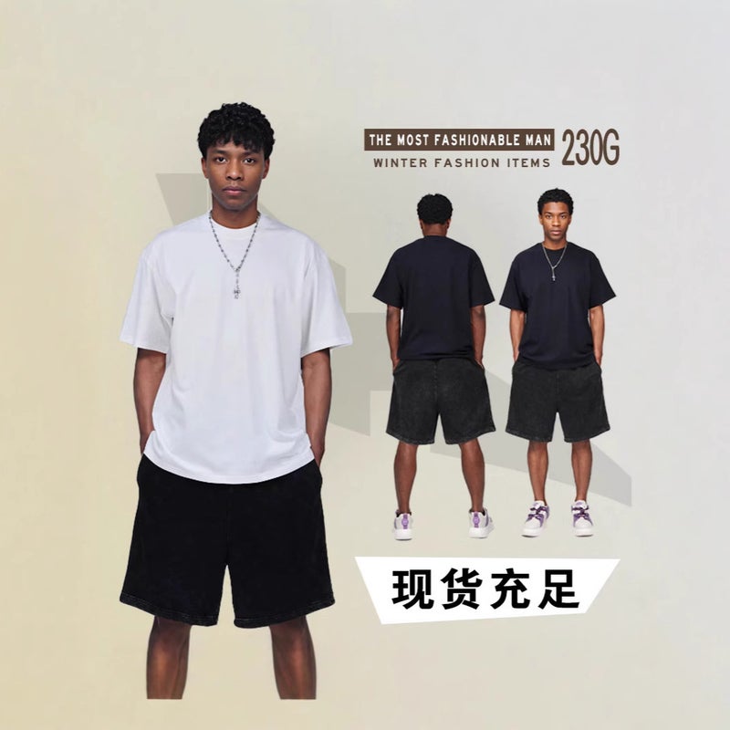 Men's T-Shirt Summer Heavyweight T-Shirt Men's 230g Pure Color Off-Shoulder Versatile Loose Cotton Round Neck Trendy Brand Men's Short-Sleeved - Image 4