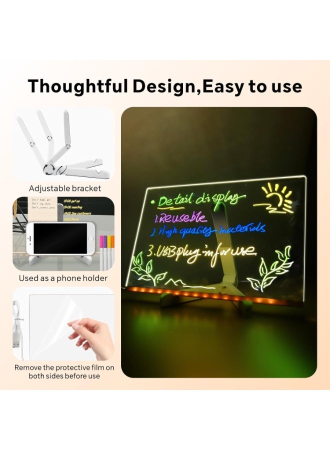 Baytion Note Board with 7 Colors Pen, LED Acrylic Message Board 30x20cm,Dry Erase Writing Pad with Stand,Light up Drawing Boards for Kids, Desktop Memo Rewritable Wordpad for School Home Office - Image 3