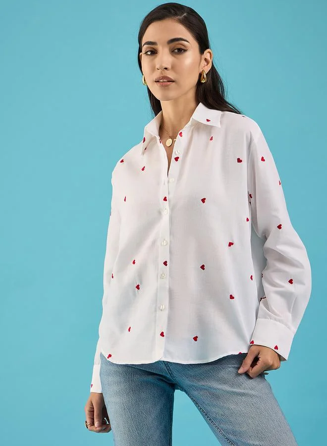 Uptownie White Embroidered Heart Cotton Shirt