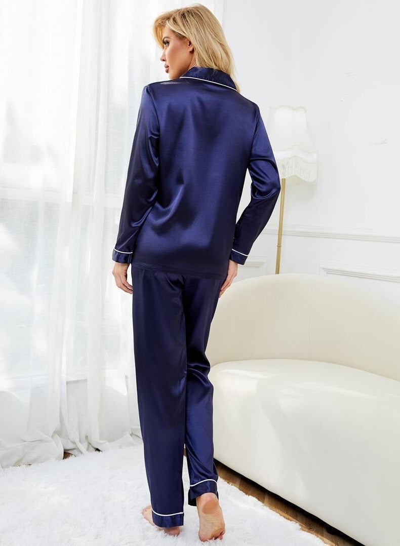 Elegant Women’s Satin Pyjama Set in Dark Blue with White Trim Details  - Image 5