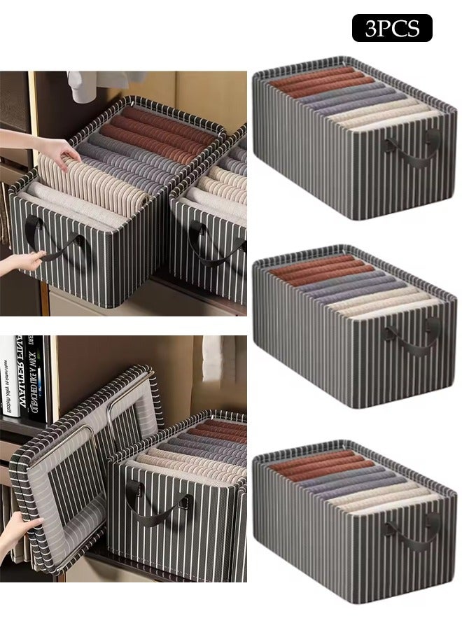 3 pieces wardrobe clothing storage box set, visible linen storage box, foldable wardrobe storage basket with metal frame, sturdy handle, clothes and toy storage box, washable storage box - Image 1