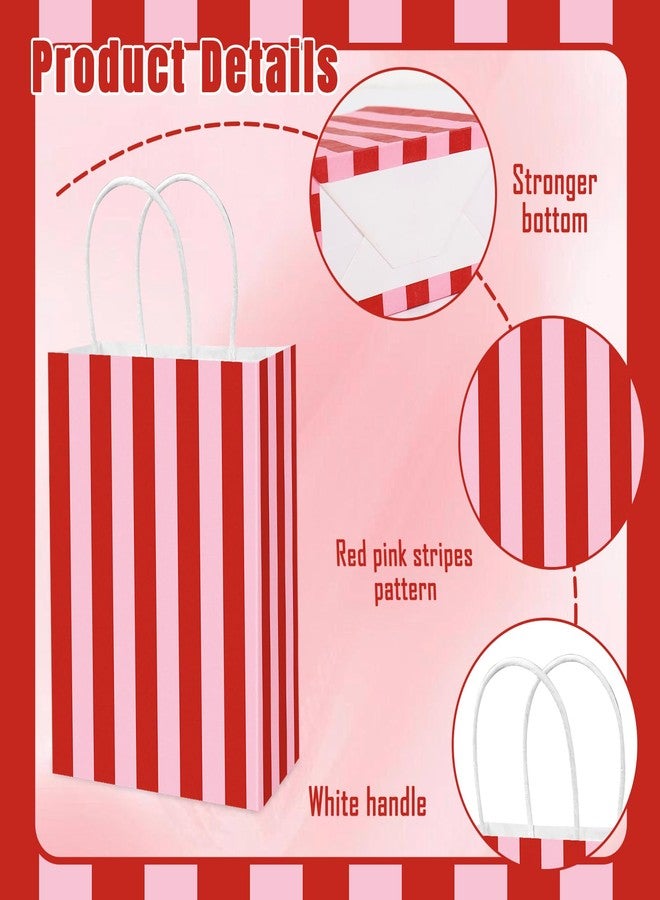 Whaline 16 Pcs Pink Red Stripe Paper Gift Bag Treat Bags with Handles Tissue Paper Candy Goodie Bags for Baby Shower Girl Birthday Circus Carnival Party Party Favors Supplies - Image 3